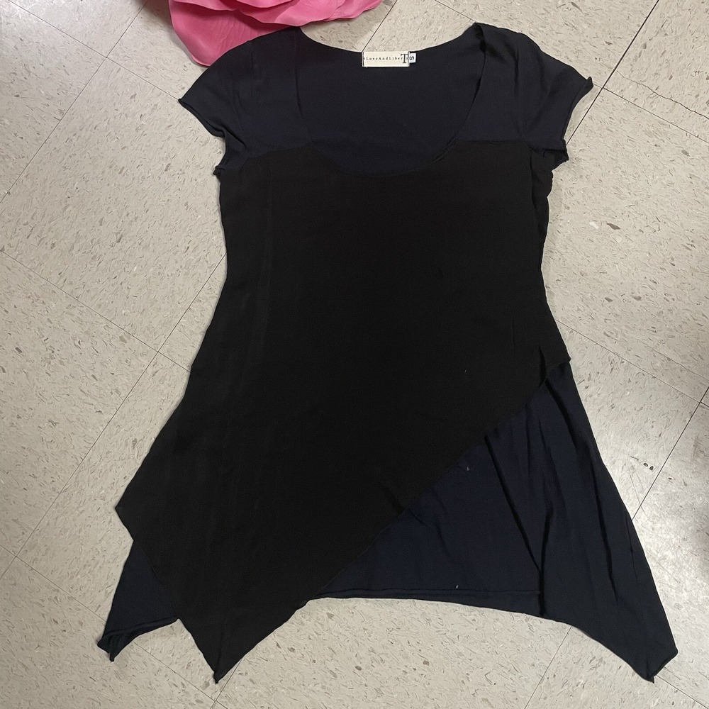 4 LOVE AND LIBERTY Johnny‎ Was Sz S Black Silky Overlay Asymmetrical Hem Top Tee
